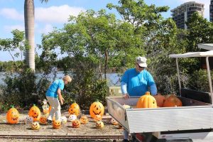 Volunteers set up for the Halloween Express